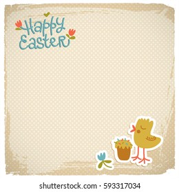 Textured happy easter background with cute chicken flowers and basket doodle vector illustration