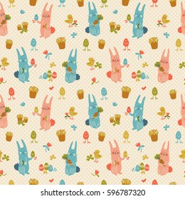 Textured happy easter seamless pattern in pastel colors with rabbits flowers eggs carrots and chicks doodle vector illustration