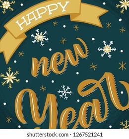 Textured Happy New Year vector lettering retro style illustration. Contrast yellow letters & dark-blue color of background with white snowflakes & vignette. Greeting card, banner, blog post picture.
