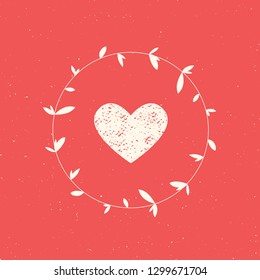 Textured heart icon. Happy Valentine's Day flat layout design with floral wreath and heart inside on red background. Valentine design for poster, flyer, card, menu, invitation. Vector illustration.