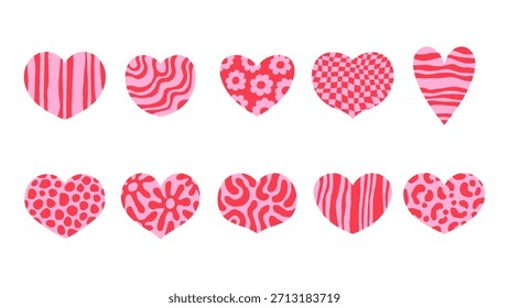 Textured Heart Shapes Vector Set. Trendy Minimal Hand drawn Love symbol illustrations with various abstract patterns dots spots stripes gingham floral motif. Pink Red colors.