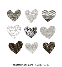 Textured heart vector illustrations set. Monochrome hearts with different textures composition. Decorative love shapes with scribble, zigzag, triangle, line and dots drawing. Black and white