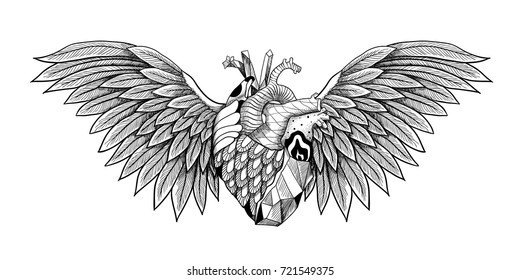 Textured heart with wings. Detailed illustration. Can be used as print, tattoo, card, poster etc