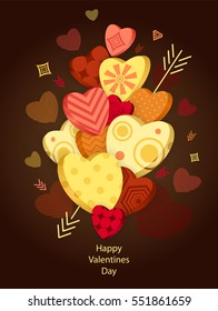 Textured Hearts with 3D effect and arrow on dark background. Happy Valentines Day.