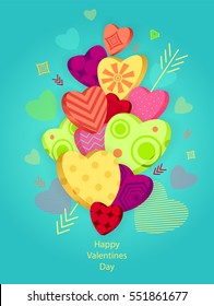 Textured Hearts with 3D effect and arrow on blue  for Poster or for Creative Post Card from Happy Valentines Day or for  package or  for web banners of congratulation or flyer for party  