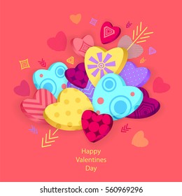 Textured Hearts with 3D effect and arrow on pink for Poster or for Creative Post Card from Happy Valentines Day or for  package or  for web banners of congratulation or flyer for party  