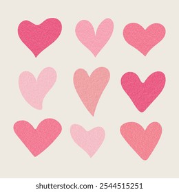 Textured Hearts icon set. Flat design Hand drawn Heart shapes with grain noise texture. Collection of modern love symbol icons. Pink hearts for Valentines Day Design. Vector illustration