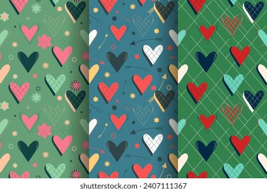textured hearts love seamless pattern set, original lovely romance drawn textile Valentine's Day wallpaper for banner, wrapping paper, greeting card, invitations