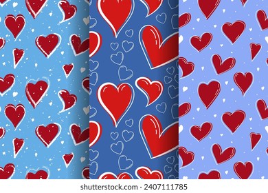 textured hearts love seamless pattern red, white, blue set, original lovely romance drawn textile Valentine's Day wallpaper for banner, wrapping paper, greeting card, invitations