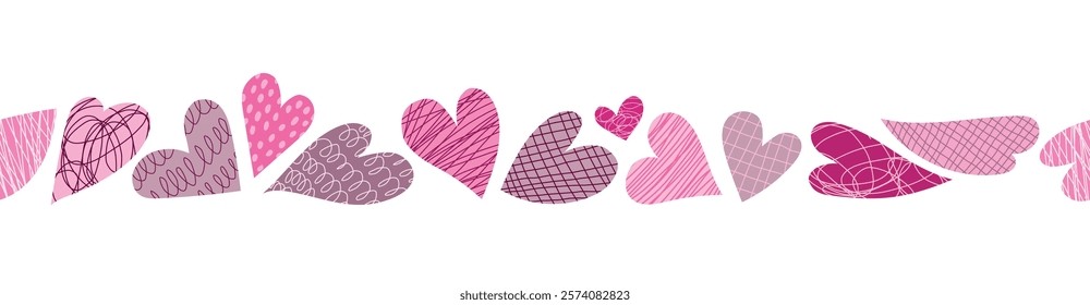 Textured hearts seamless border isolated on white background. Header for letters, websites, mailing lists. Doodle hearts for Valentines day holiday