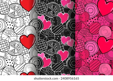 textured hearts seamless pattern, crooked figures patchwork quilt round circle  set, original drawn textile banner wallpaper for wrapping paper, greeting card, invitations