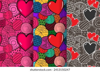 textured hearts seamless pattern, crooked figures patchwork quilt round circle set, original drawn textile banner wallpaper for wrapping paper, greeting card, invitations