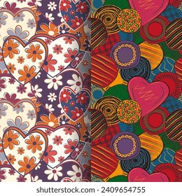 patrón sin fisuras de los corazones texturados, florales, figuras crocadas tejido conjunto redondo círculo, papel pintado original para papel de envoltura, tarjeta de saludo, invitaciones