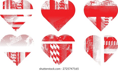 Texturierte Herzen, Vektorgrafik-Set. Glitzerte Social-Media-Vorlagen . Trendy Fehler Herz . Glitzerte, grunge cyber punk-symbol mit distressed effekt. Herz mit einer Rasterpunktscreen-Drucktextur.