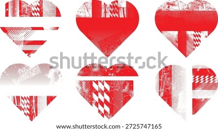 Textured hearts vector set. Glitched social media templates . Trendy defect error heart . Glitched, Grunge cyber punk symbol with distressed effect. Heart with a halftone dots screen print texture.