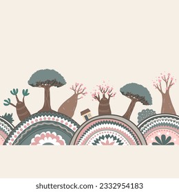 textured hills and doodle adenium and dragon trees. Cartoon hand drawn vector border illustration landscape.