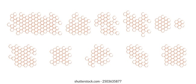 Textured honeycomb. Propolis honeycomb set. Doodle hand drawn honeycomb structure. Honey, pollen, wax, parchment bee products in sketch style. Stock black and white illustration on white background