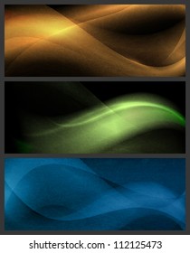 Conjunto de fondo horizontal texturado en oro, verde y azul. Patrones ondulados sobre fondo oscuro con efectos de luz. EPS10
