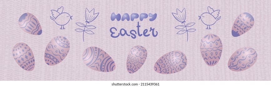 Cartel horizontal texturado con huevos de Pascua 3d. Huevos pintados con patrones en un fondo rosado con la inscripción Feliz Pascua. Ilustración vectorial.