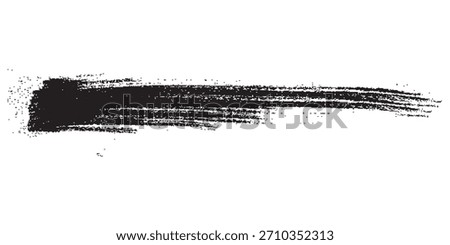 A textured, horizontal black ink brush stroke with frayed edges, showing the individual brush hairs and ink distribution on a white surface.