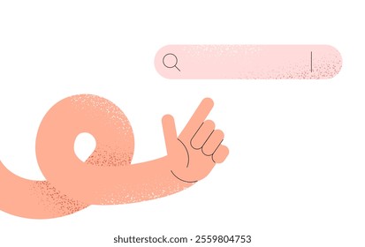 Textured human hand points with index finger to search bar. Technology concept. Flat vector illustration