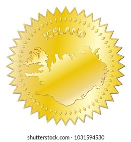 A textured Iceland gold seal of approval badge isolated on a white background