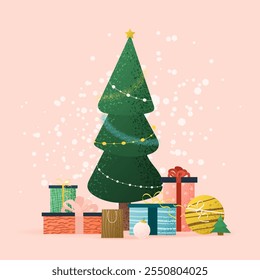 Textured illustration with fir, gift boxes, toys, and snowflakes. Cozy scene of fir tree decorated for xmas. Flat art to celebrate happy new year, xmas, hello winter. Hand drawn vector illustration.