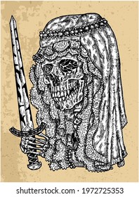Textured illustration of scary bride skull in veil holding sword. Mystic background for Halloween, esoteric, gothic, occult concept