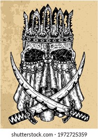 Textured illustration of scary skull of king in crown and mask with two swords. Mystic background for Halloween, esoteric, gothic, occult concept