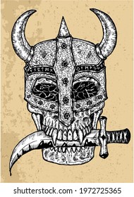 Textured illustration of scary skull in knight helm holding dagger knife in teeth. Mystic background for Halloween, esoteric, gothic, occult concept