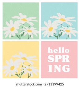 Ilustración texturizada con el texto "Hola primavera", una flor de margarita blanca y follaje verde. Ilustración vectorial de estilo retro para postales