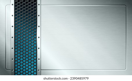 Textured industrial metal background with perforated section. Vector illustration.