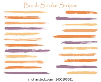 Textured ink brush stroke stripes vector set, orange violet horizontal marker or paintbrush lines patch. Hand drawn watercolor paint brushes, smudge strokes collection. Interior colors scheme samples.