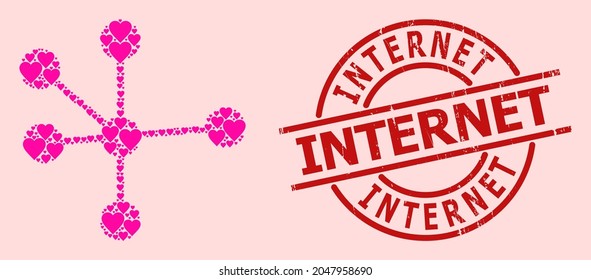 Textured Internet seal, and pink love heart mosaic for node connections. Red round seal includes Internet caption inside circle. Node connections mosaic is constructed with pink valentine icons.
