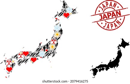 Textured Japan badge, and sunny humans inoculation collage map of Japan. Red round badge includes Japan tag inside circle. Map of Japan collage is designed of frost, sun, love, persons, inoculation,