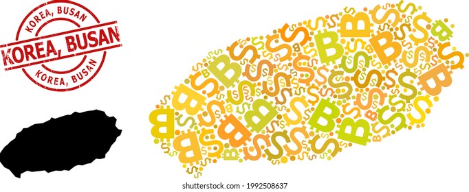 Textured Korea, Busan stamp seal, and finance collage map of Jeju Island. Red round stamp seal includes Korea, Busan tag inside circle. Map of Jeju Island collage is composed with finance, funding,