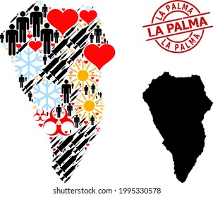 Textured La Palma stamp, and spring humans Covid-2019 treatment mosaic map of La Palma Island. Red round seal contains La Palma text inside circle. Map of La Palma Island mosaic is formed with frost,