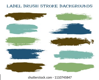 Textured label brush stroke backgrounds, paint or ink smudges vector for tags and stamps design. Painted label backgrounds patch. Interior paint color palette elements. Ink dabs, dark splashes.
