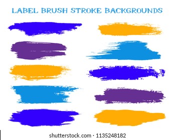 Textured label brush stroke backgrounds, paint or ink smudges vector for tags and stamps design. Painted label backgrounds patch. Vector ink color palette samples. Ink violet blue orange spots.