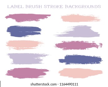 Textured label brush stroke backgrounds, paint or ink smudges vector for tags and stamps design. Painted label backgrounds patch. Interior colors scheme samples. Ink smudges, stains, violet spots.