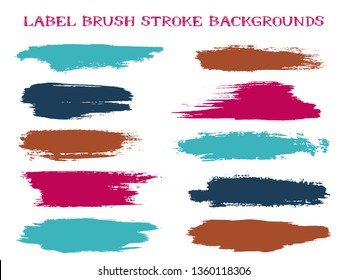 Textured label brush stroke backgrounds, paint or ink smudges vector for tags and stamps design. Painted label backgrounds patch. Vector ink traces, color combinations. Ink smudges, cyan magenta spots