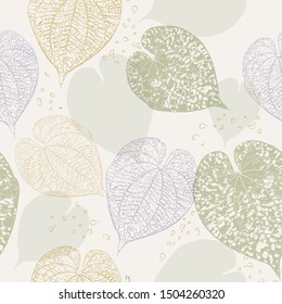 Textured leaf shapes seamless pattern in muted tonal colors. Sophisticated style with natural greenery heart shaped leaves. Lovely for textiles and paper; pretty background for wedding invitations