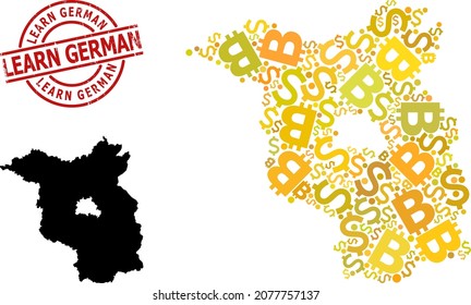 Texturierte Lerne deutsche Stempel-Siegel und Finanzen Mosaik Karte des Landes Brandenburg. Rotes rundes Siegel beinhaltet den Titel "Deutsch im Kreis lernen". Die Karte des Landes Brandenburg wird aus Finanzmitteln,