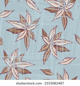 Textured Leaves Seamless Pattern on Teal Background
