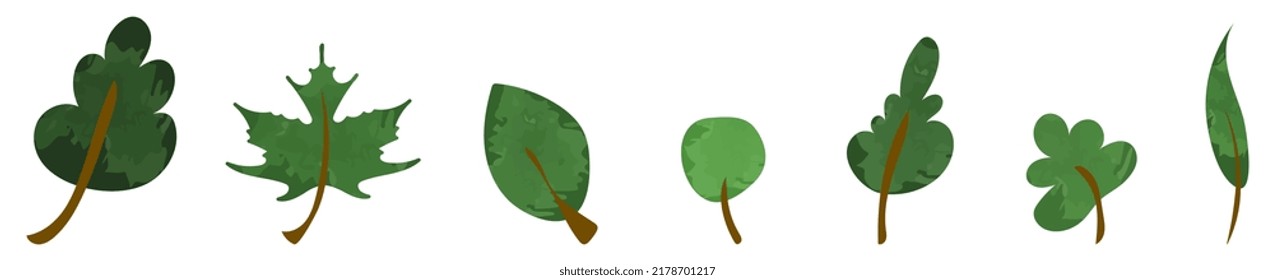 Hojas texturizadas establecen ilustraciones vectoriales aisladas en fondo blanco