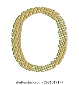 A textured letter O with a tan base and a pattern of small green and white squares, giving it a slightly pixelated or woven appearance.