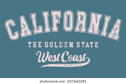 Textured lettering design about the state of California, West Coast. College style art.