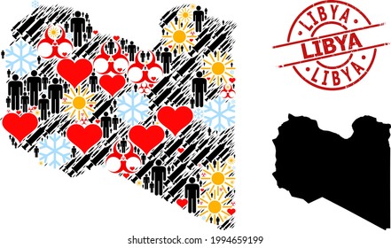 Textured Libya seal, and winter patients syringe mosaic map of Libya. Red round stamp seal includes Libya text inside circle. Map of Libya mosaic is composed of cold, sunny, heart, patients, vaccine,