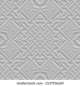 Textured light 3d seamless pattern. Embossed white vector background. Repeat decorative tribal ethnic grunge backdrop. Geometric surface 3d emboss ornaments. Endless texture with embossing effect.