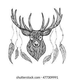 Textured line deer with feathers on horns. Doodle ink deer head full face
